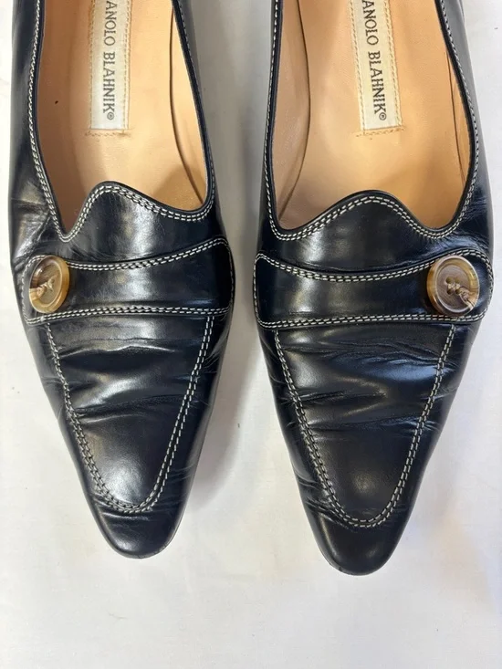 💙Manolo Blahnik Navy Leather Loafers   EU 39.5 Pointed Slip On Designer💙 - Picture 6 of 10